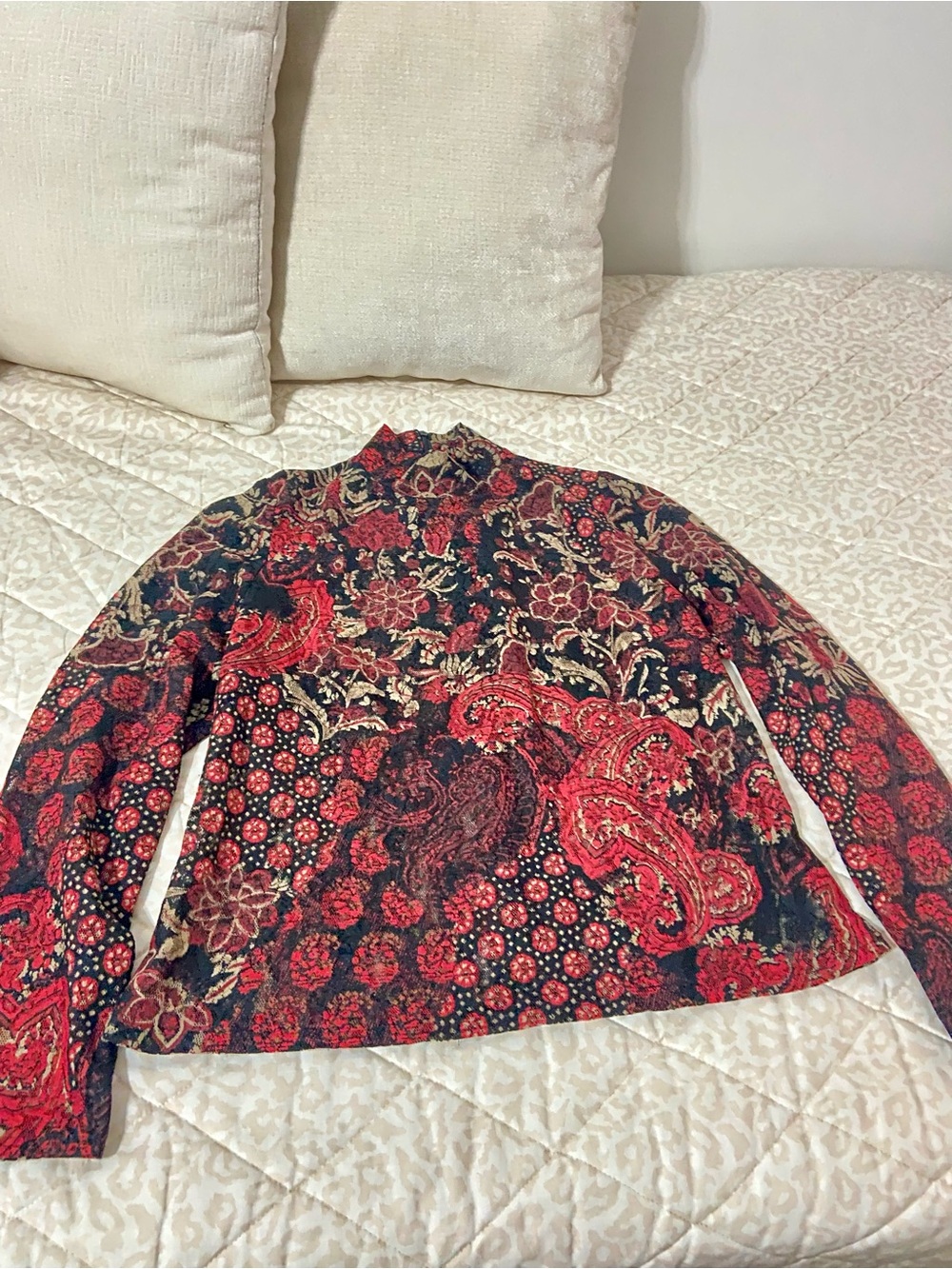 Women's Red Paisley Mock-Neck Blouse